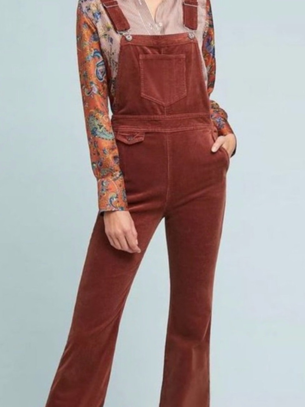 Pilcro by Anthropologie Corduroy Flare Overalls Rust Burnt Orange Brown 26 EUC